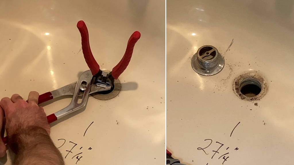 Removal of old tub drain using linemans pliers and channel-lock pliers